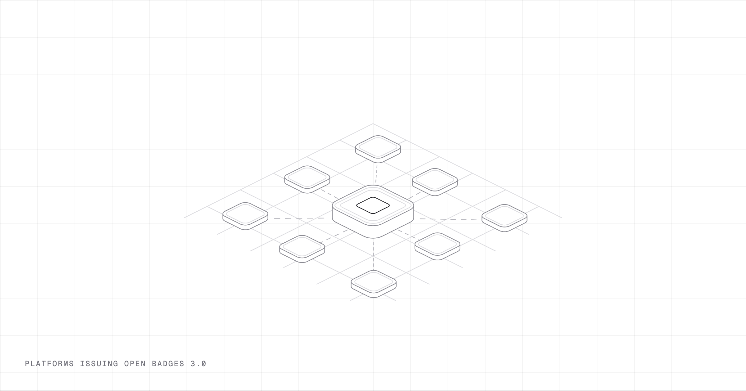 An isometric hub connected to eight tiles, drawn in fine lines.