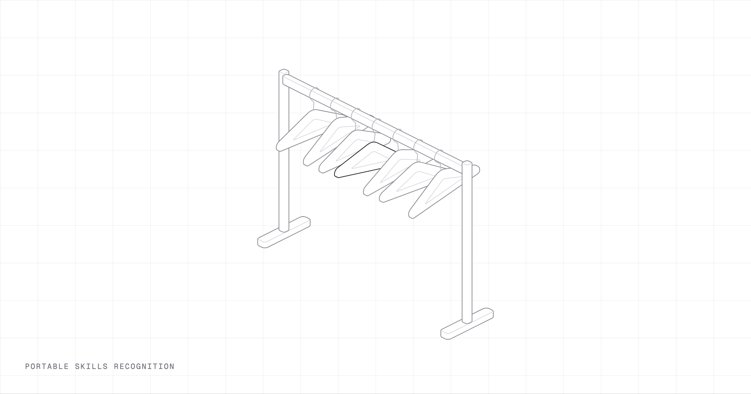 A garment rail of bare hangers rocking as a pointer brushes past, drawn in fine lines.
