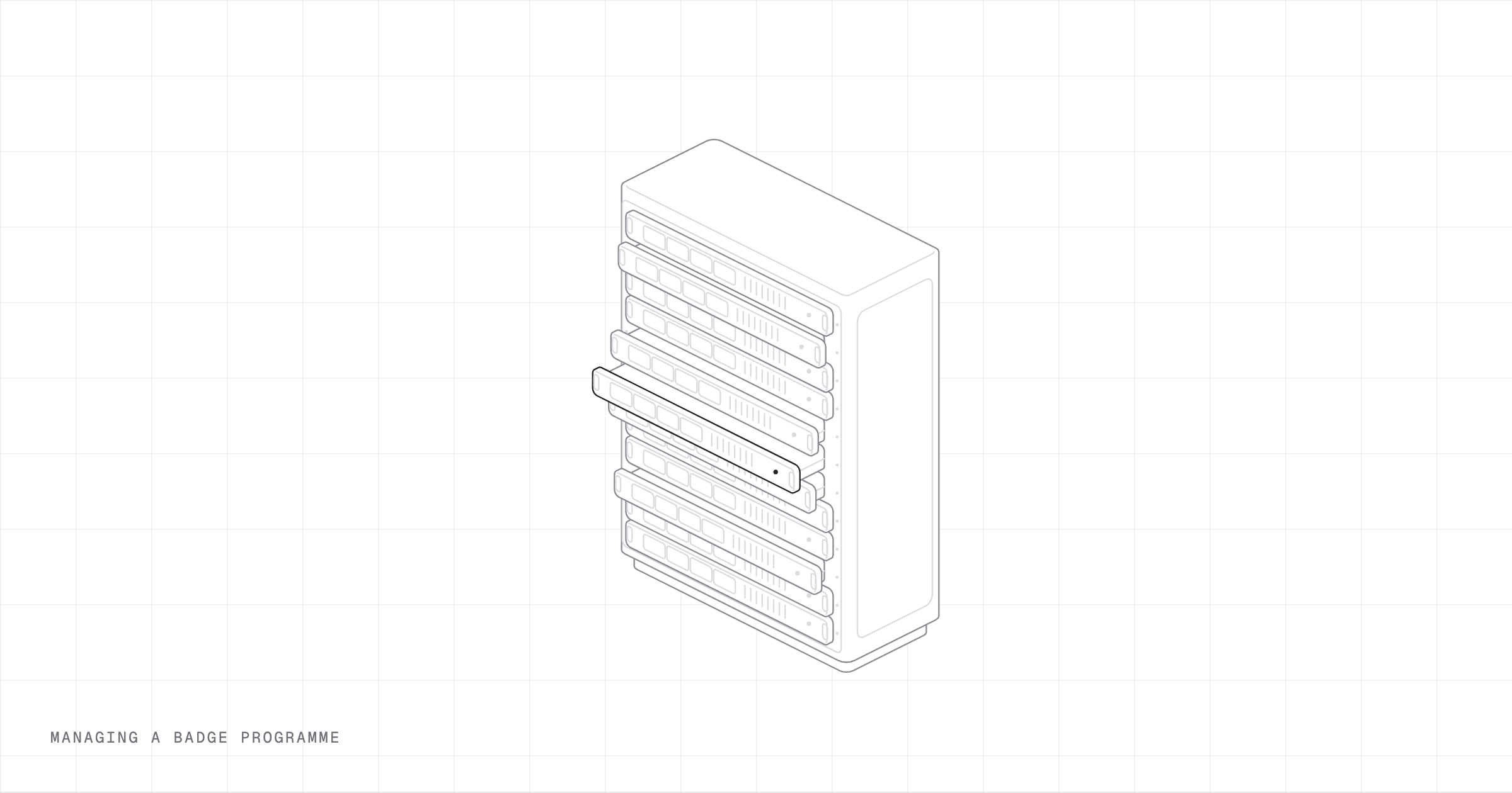 A rack of twelve blades, several pulled part way out, drawn in fine lines.
